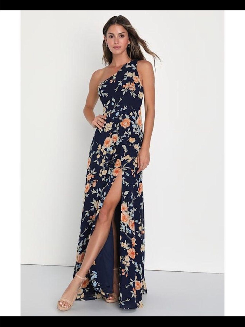 Lulu's Navy One-Shoulder Floral Maxi Dress